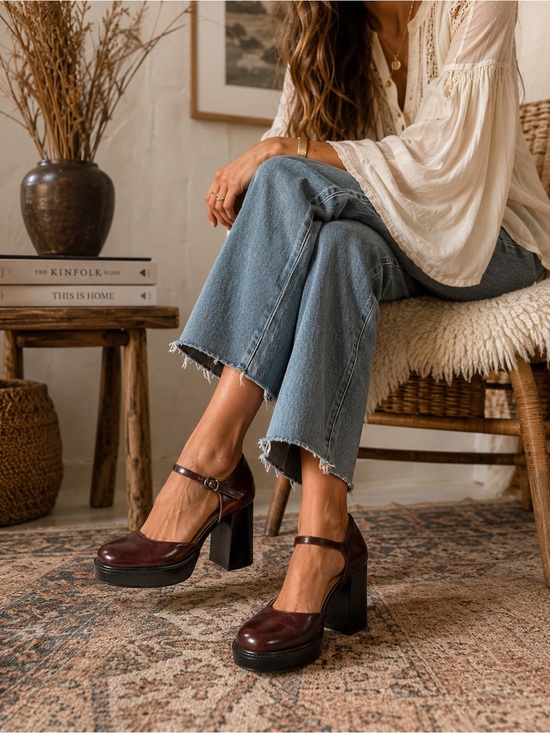 Crown Vintage Shoes - Crown Vintage Greeta Brown Genuine Leather Mary Jane Platform Heels 7.5M Chunky